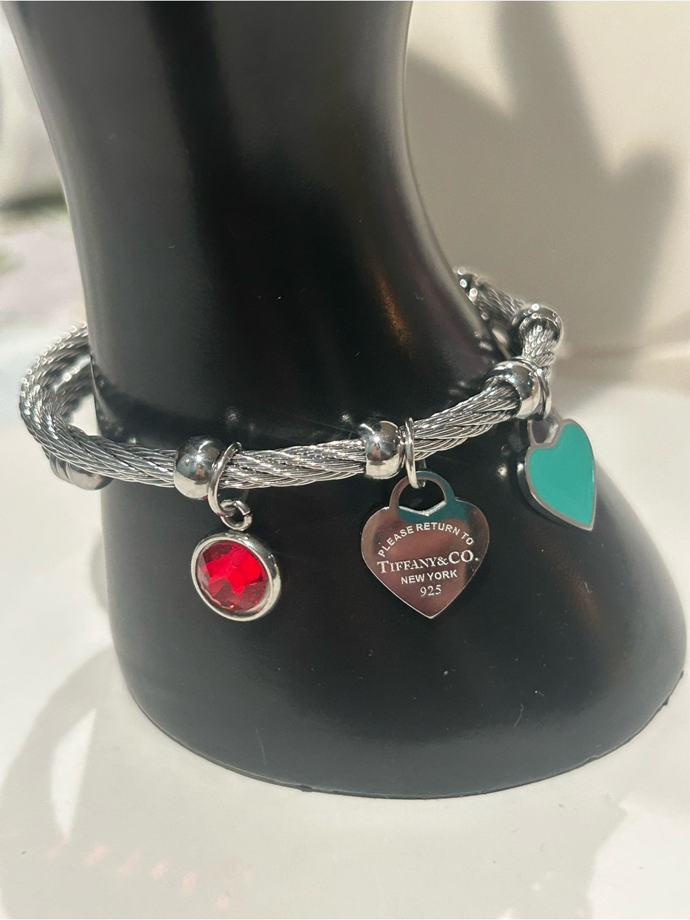 Stainless steel Silver Heart Charm Bracelet with Turquoise & Red Accent